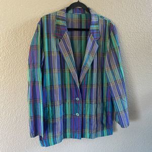 Vintage St. Michael Blazer Blue Colorful Plaid Lightweight Cotton 80’s size 12